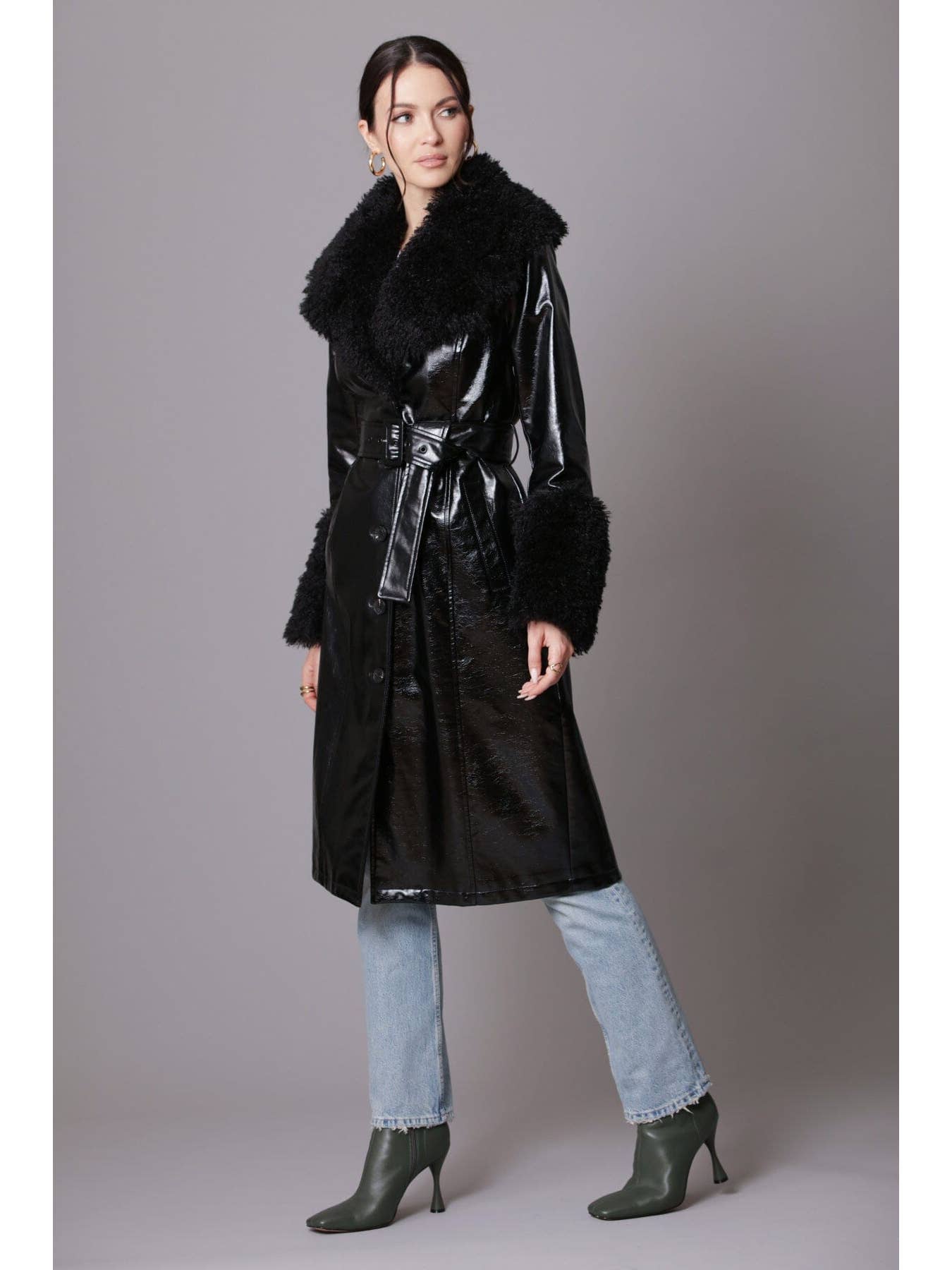 Faux Fur-Trimmed Patent Trench Coat