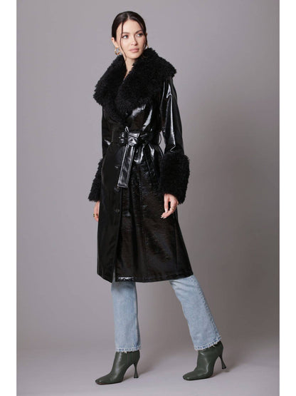 Faux Fur-Trimmed Patent Trench Coat