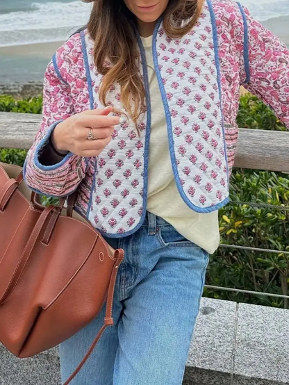Reversible Floral Quilted Cropped Jacket in Pink & Blue