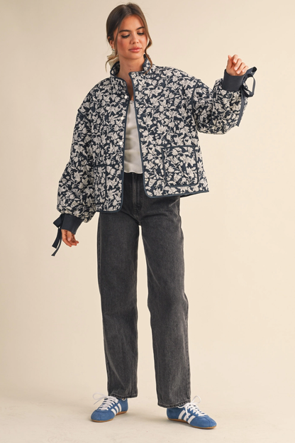 Floral Quilted Jacket with Ribbon
