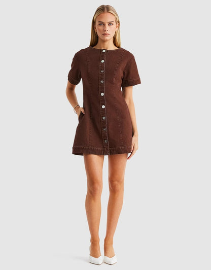 SNDYS Tilla Denim Mini Dress - Chocolate