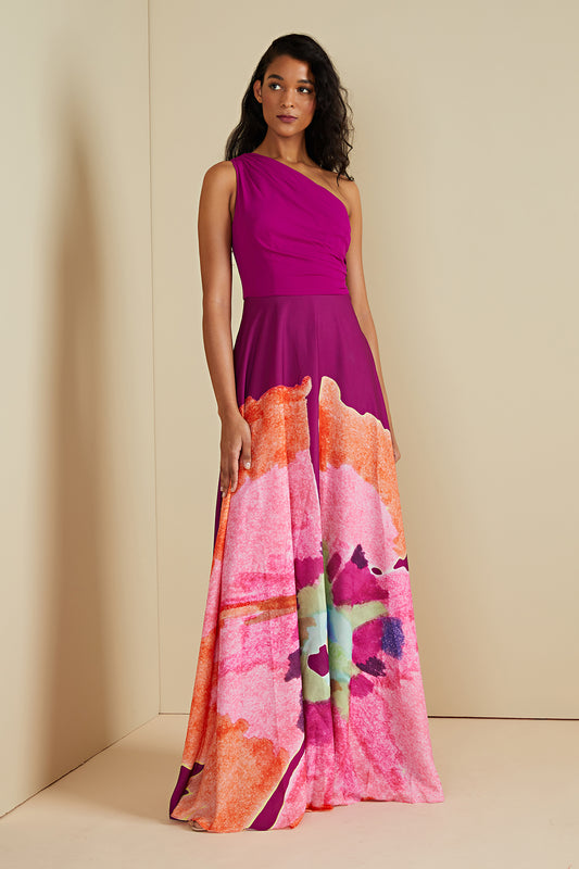 AMur Atlas One Shoulder Gown - Sangria Flower