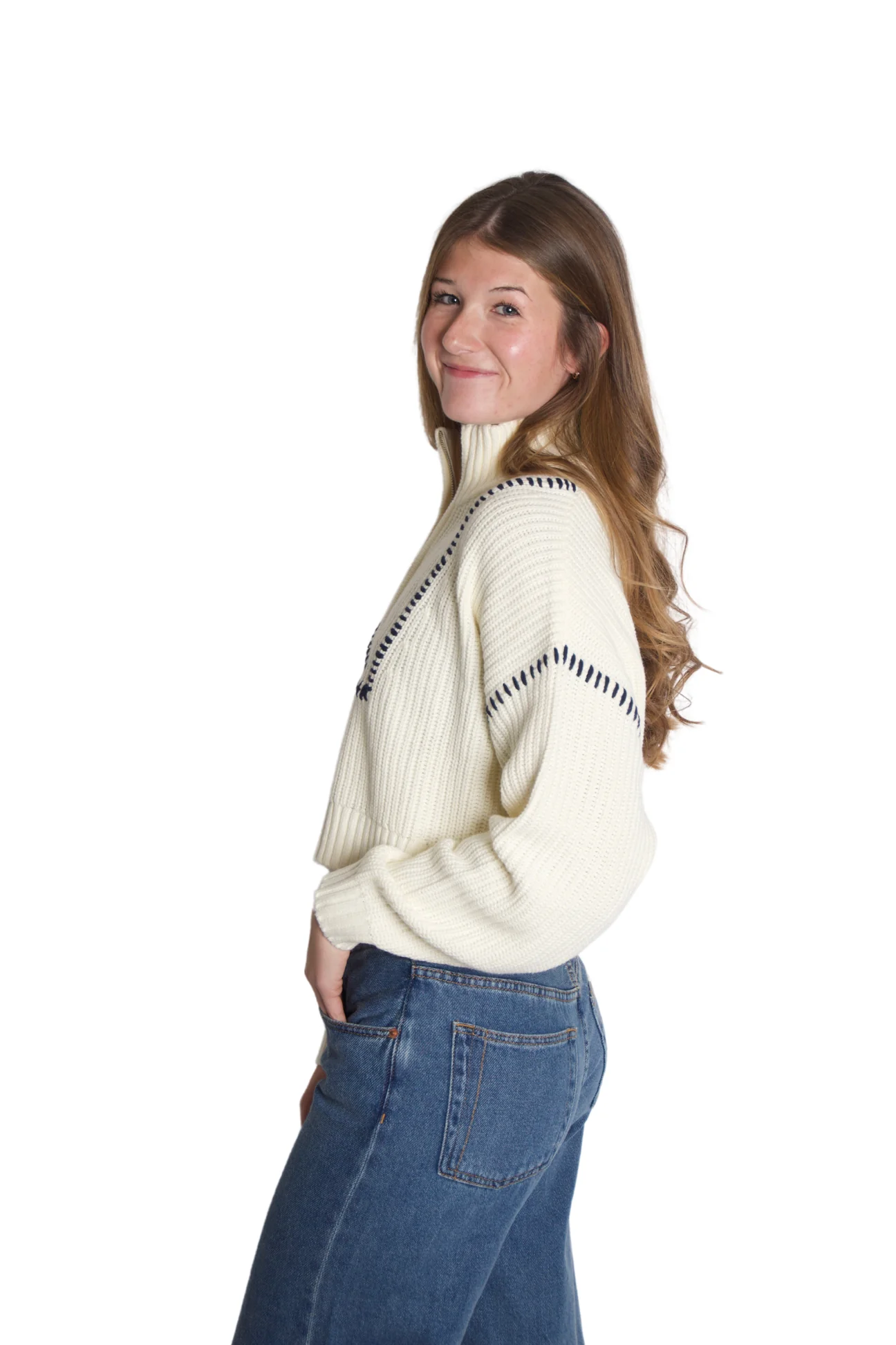 STAUD Hampton Ivory & Navy Sweater