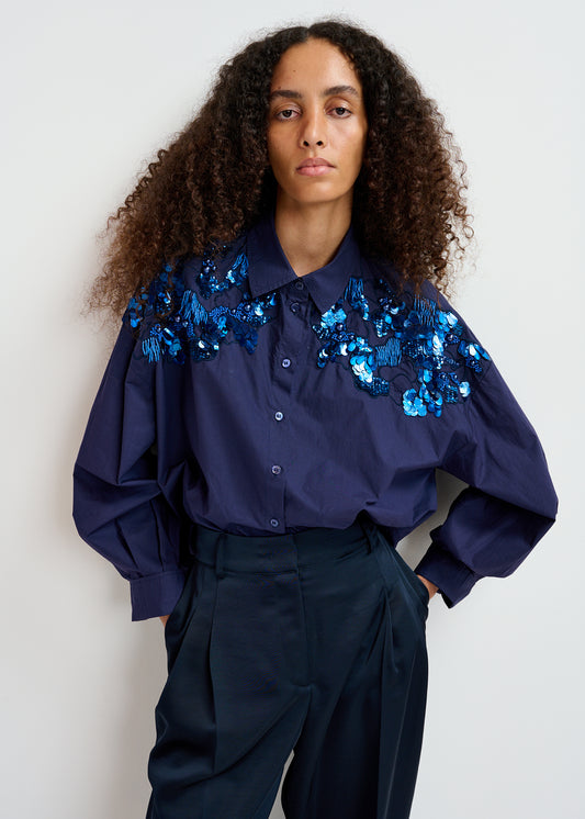 Essentiel Antwerp Navy blue cotton shirt with sequin and beaded embroideries