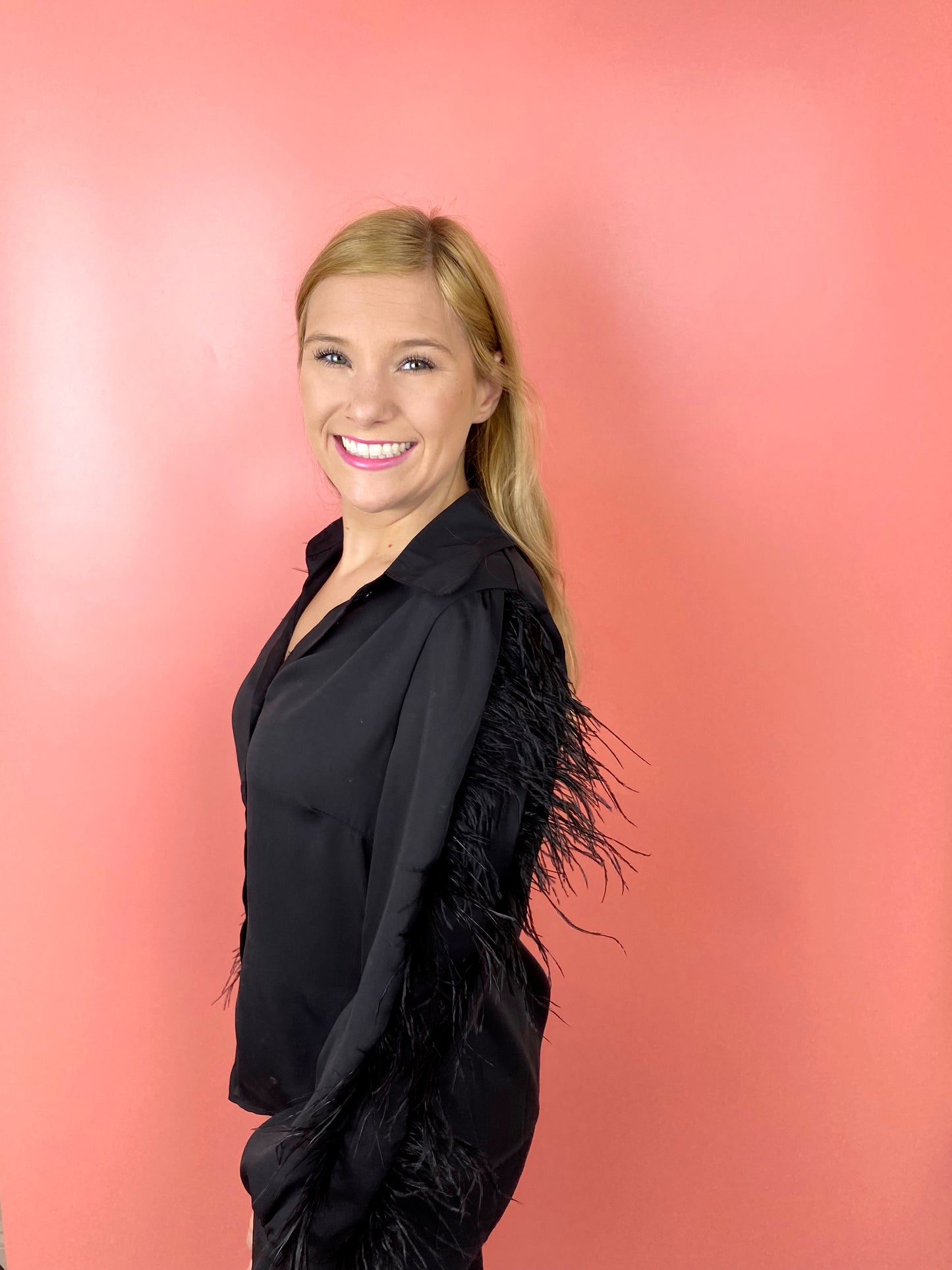 Feather Sleeve Top - Black