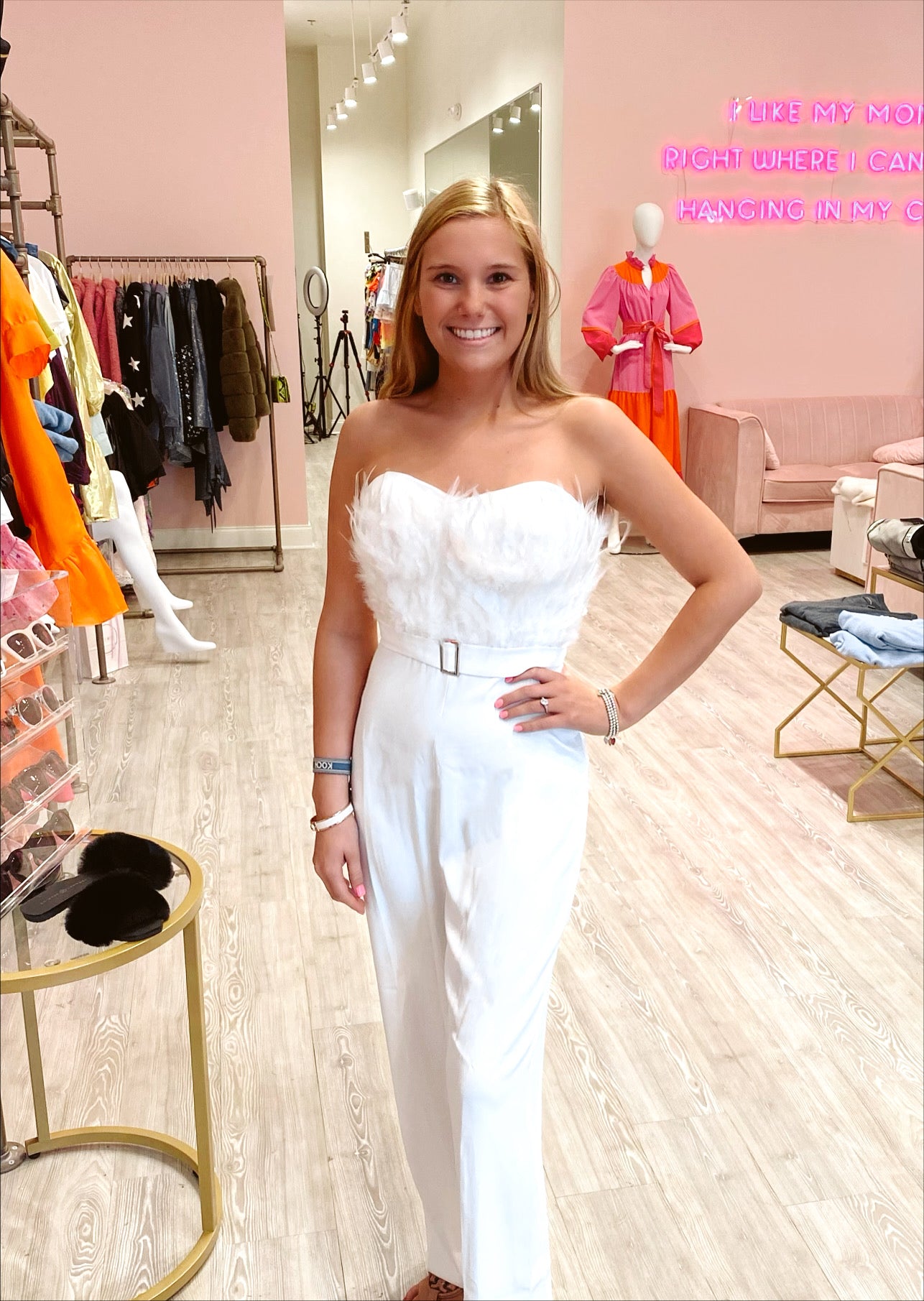WHITE FEATHER TRIM JUMPSUIT