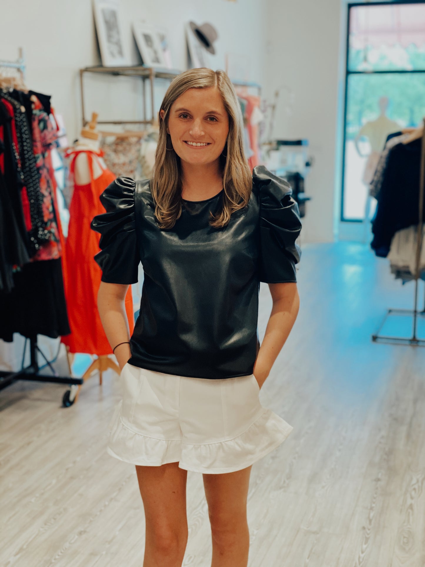 Cinq a Sept Faux Leather Erin Top - Black