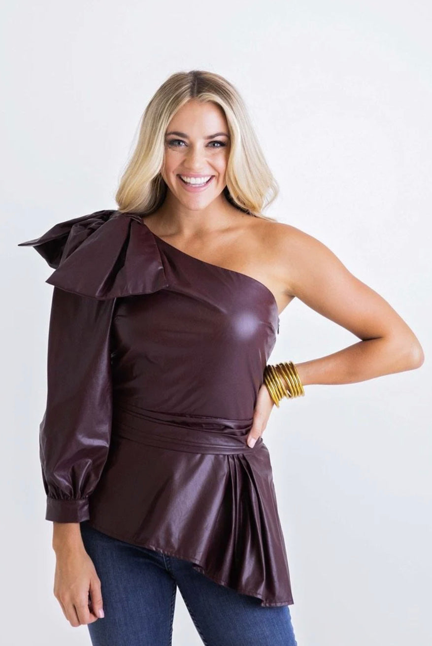 Burgundy Pleather One Shoulder Top
