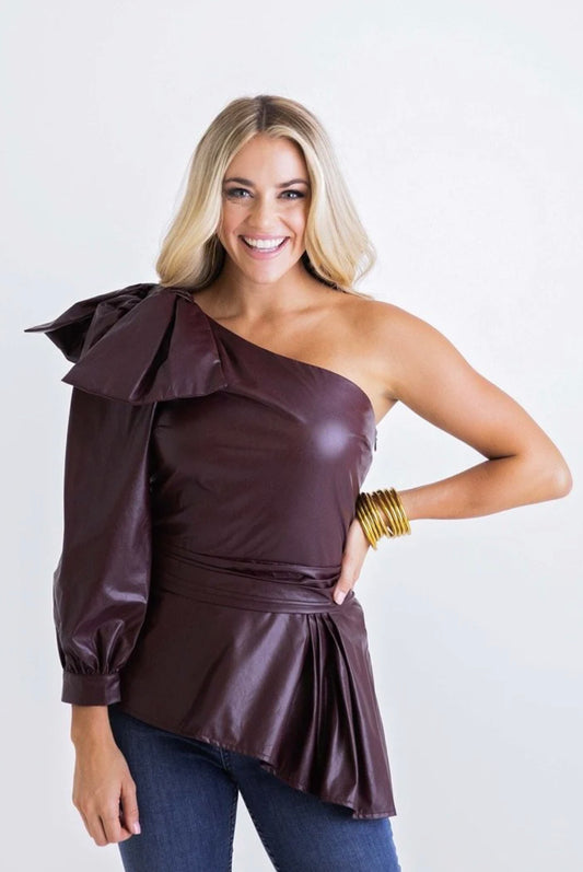 Burgundy Pleather One Shoulder Top