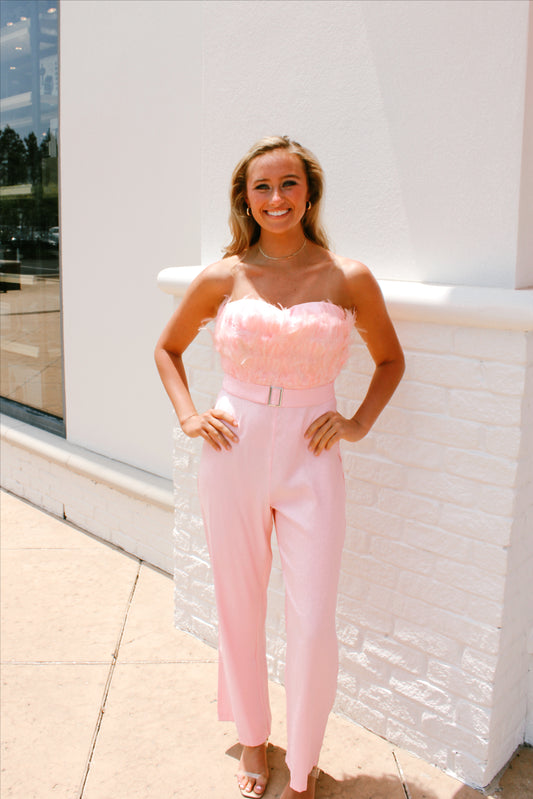 PINK FEATHER TRIM JUMPSUIT