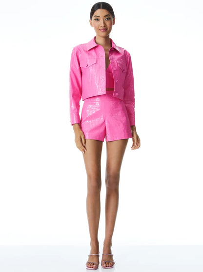ALICE + OLIVIA CHLOE VEGAN LEATHER CROC CROPPED JACKET