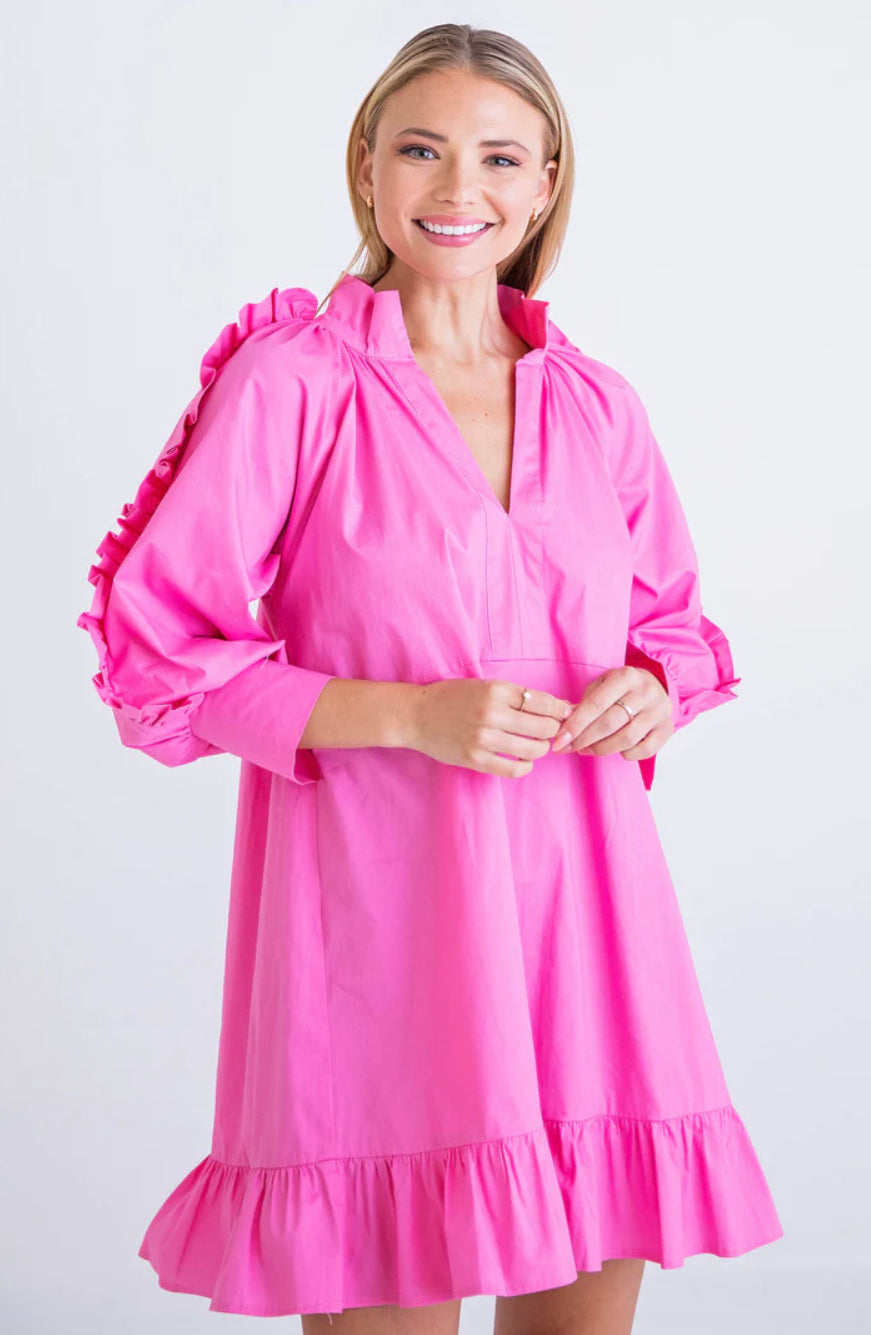 Solid Poplin Ruffle Sleeve Dress - Pink