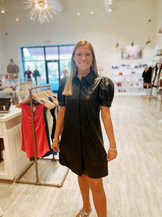ALICE + OLIVIA JEM VEGAN LEATHER PUFF SLEEVE DRESS - BLACK