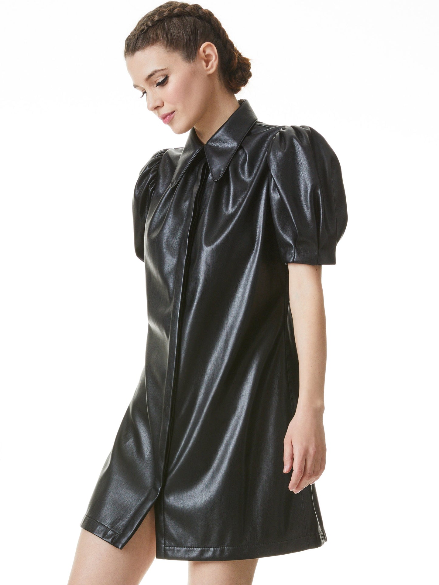 ALICE + OLIVIA JEM VEGAN LEATHER PUFF SLEEVE DRESS - BLACK