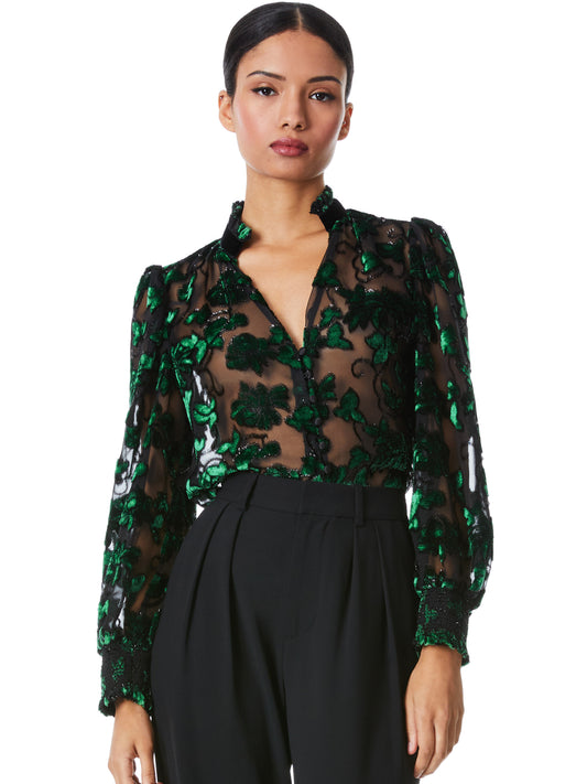 ALICE & OLIVIA ZINA SHEER BUTTON DOWN BLOUSE