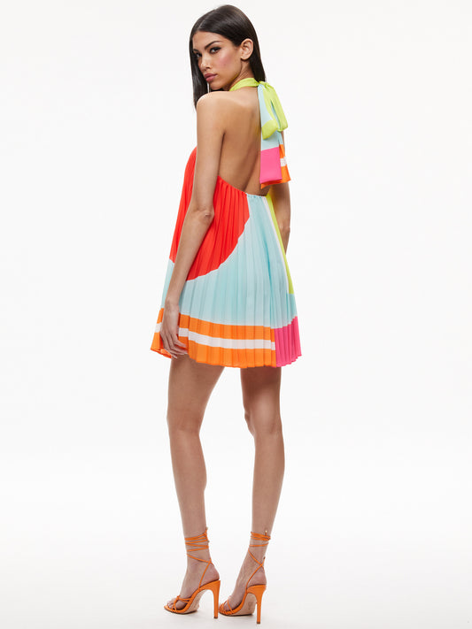 Alice & Olivia Avians Halterneck Sunburst Pleated Mini Dress