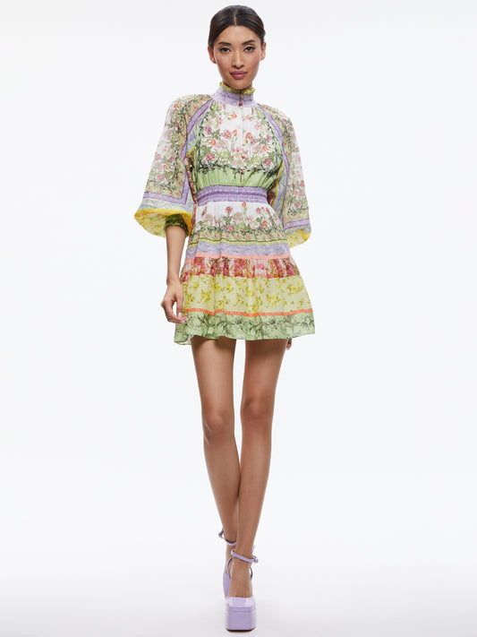 ALICE & OLIVIA LAVINIA BLOUSON SLEEVE MINI DRESS