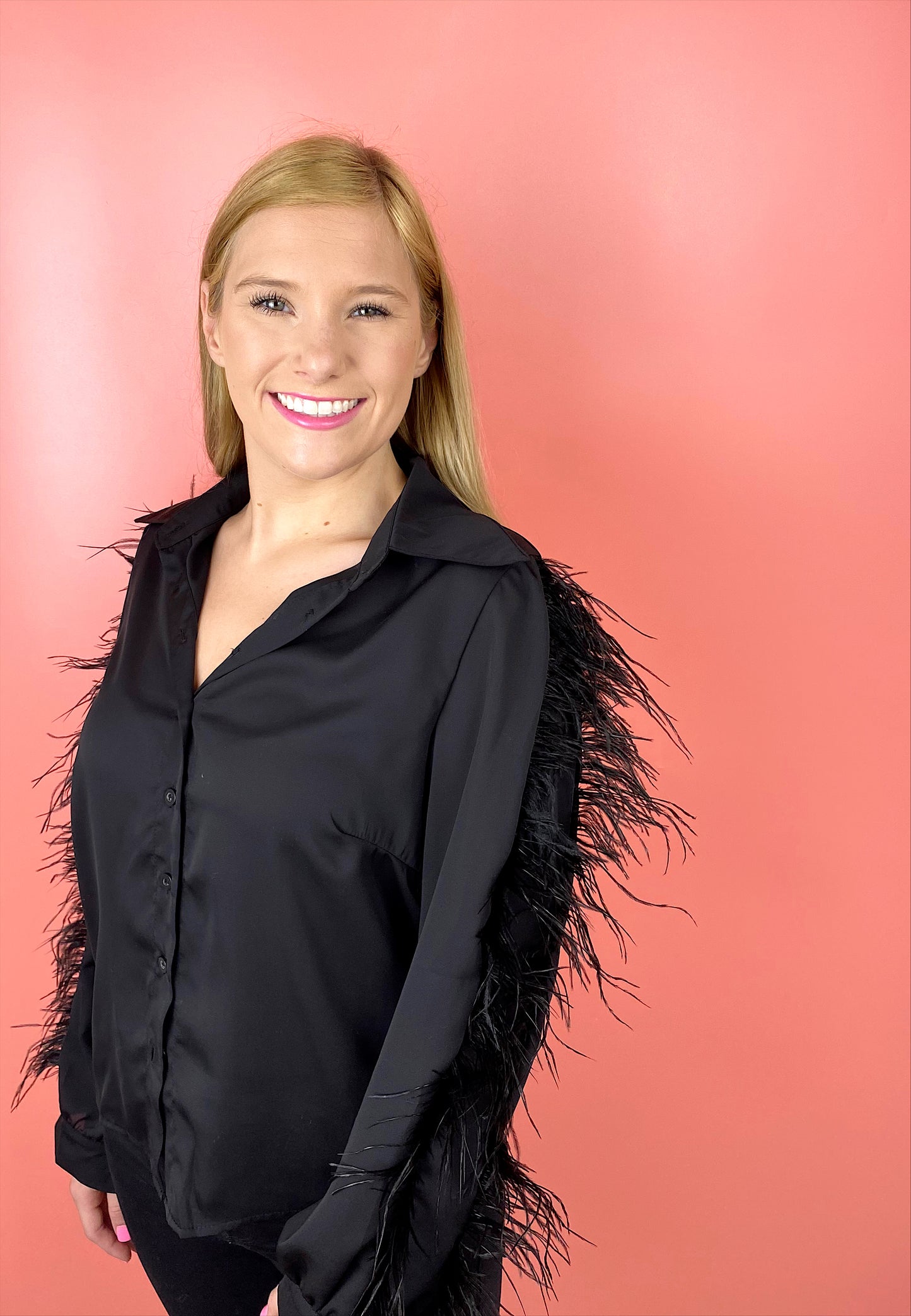 Feather Sleeve Top - Black
