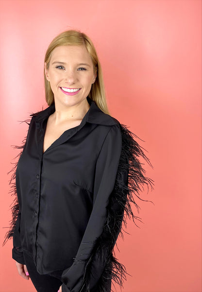 Feather Sleeve Top - Black