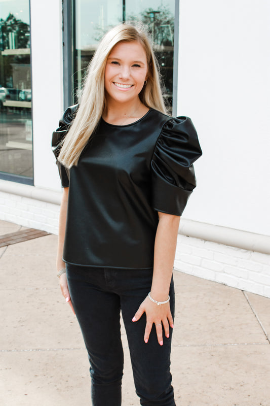 Cinq a Sept Faux Leather Erin Top - Black