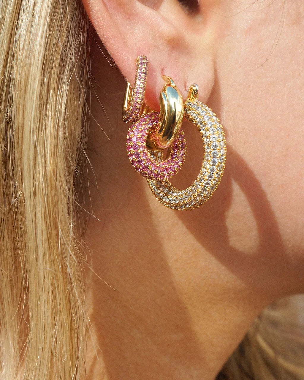 Pave Interlock Hoops - Pink