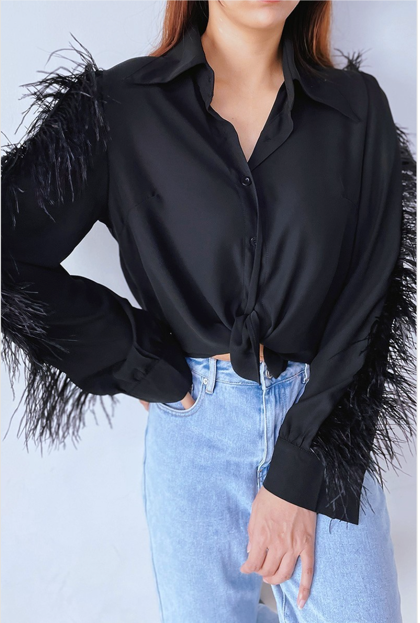 Feather Sleeve Top - Black