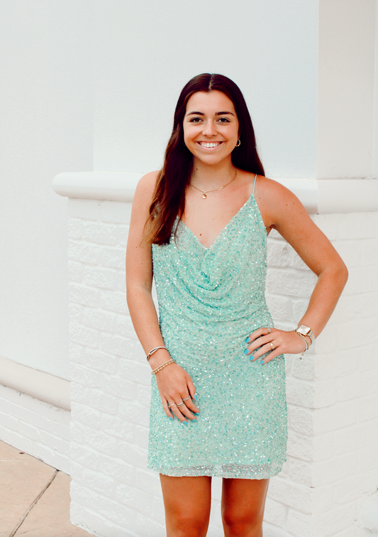 mich sequin dress Retrofete Mich Sequin Cowl-Neck Mini Dress