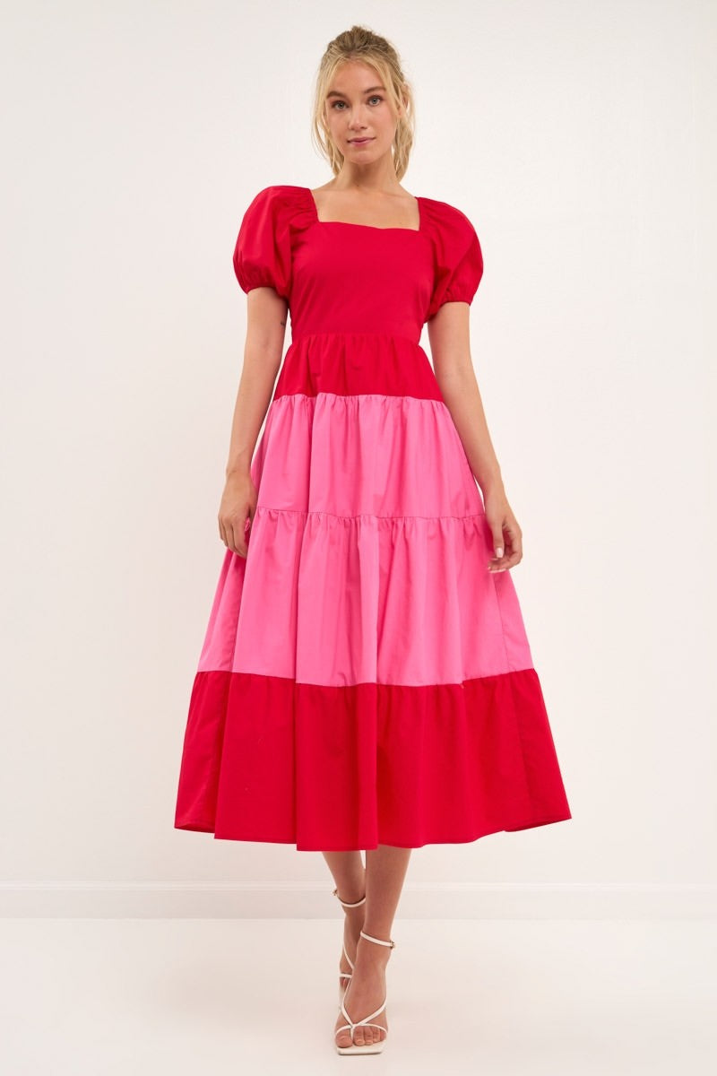 COLOR BLOCK PUFF SLEEVE MAXI