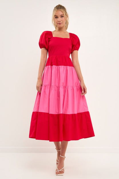COLOR BLOCK PUFF SLEEVE MAXI