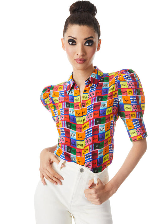 Alice & Olivia Willa Scrunched Puff Sleeve Placket Top