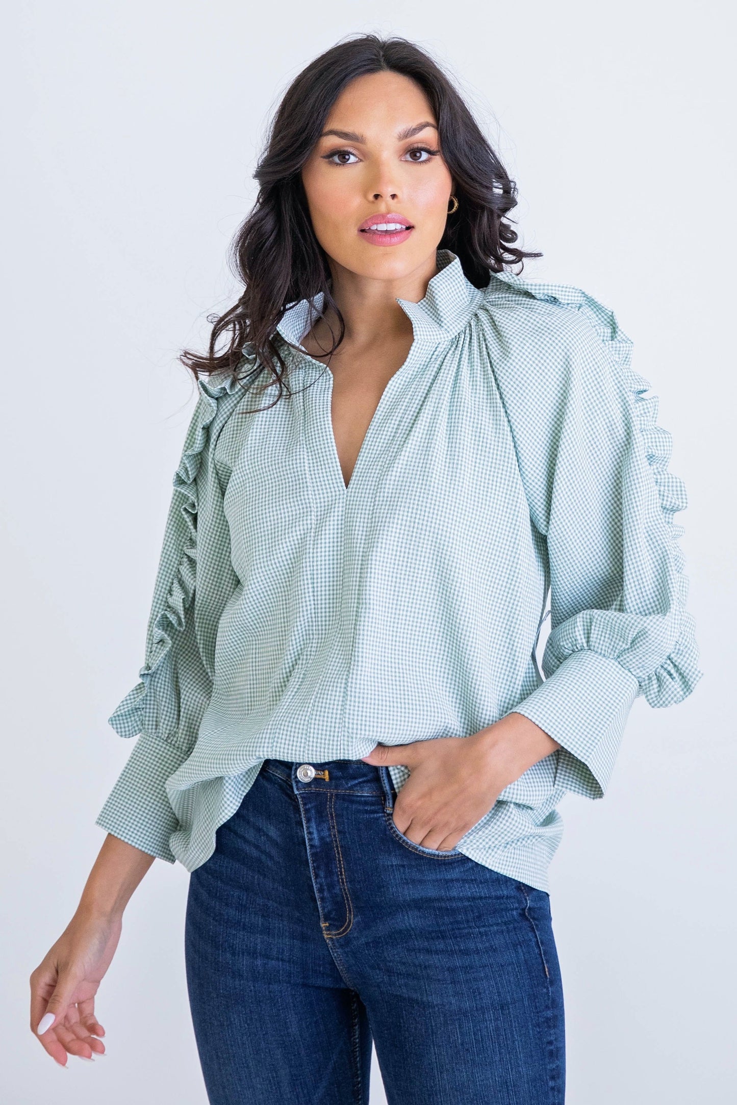 Check Ruffled Sleeve Top