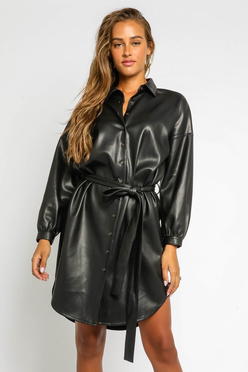 FAUX LEATHER SHIRT DRESS