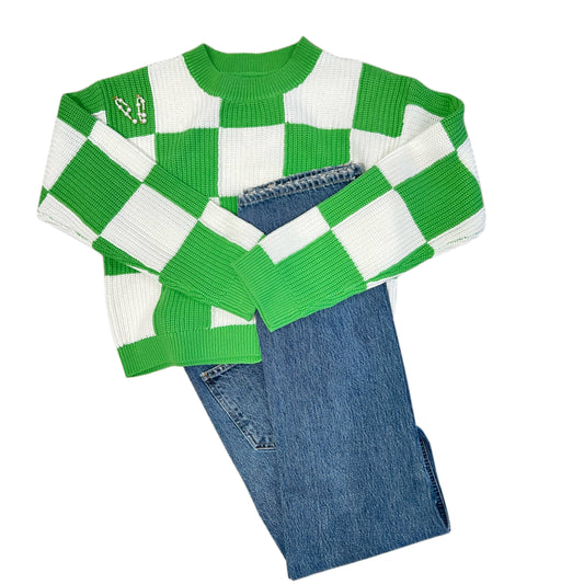 CHECKERBOARD KNIT CARDIGAN - GREEN/WHITE
