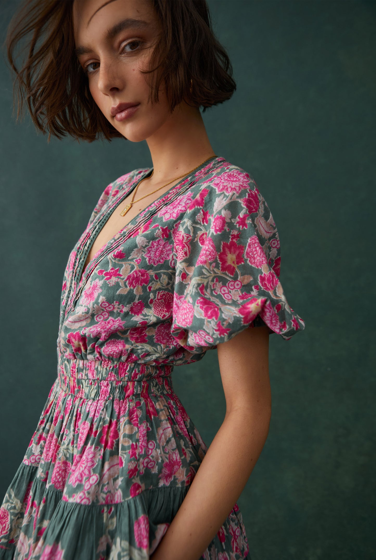 Hemant & Nandita Pine Green Paisley Short Dress