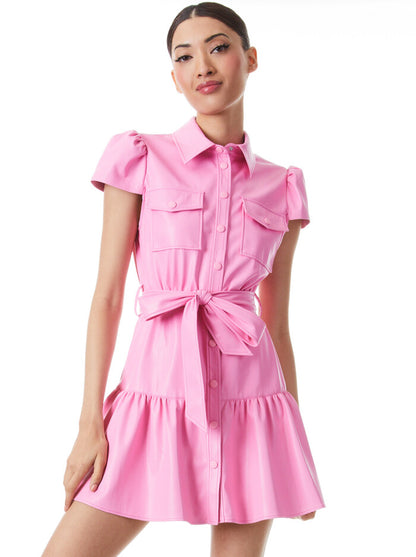 Alice & Olivia Miranda Vegan Leather Short Sleeve Mini Dress