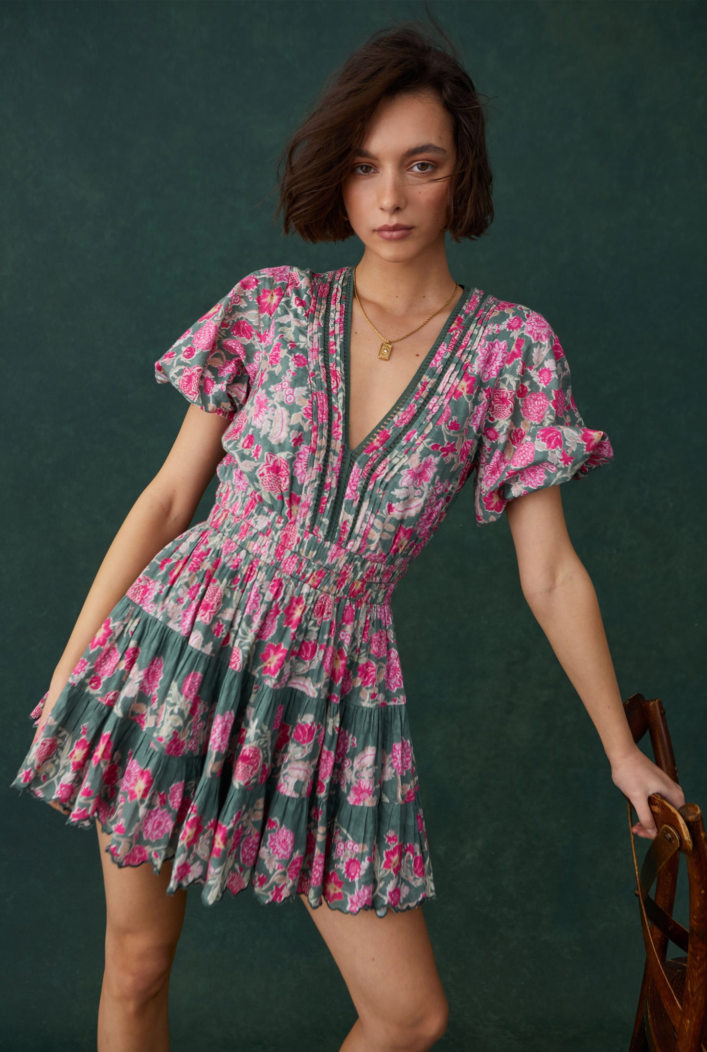 Hemant & Nandita Pine Green Paisley Short Dress