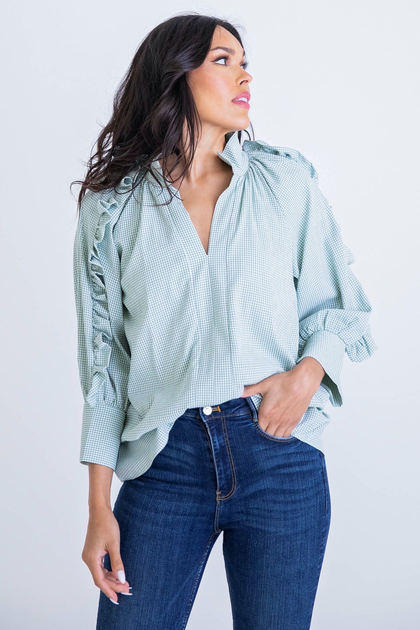 Check Ruffled Sleeve Top