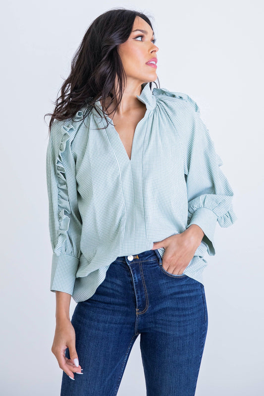 Check Ruffled Sleeve Top