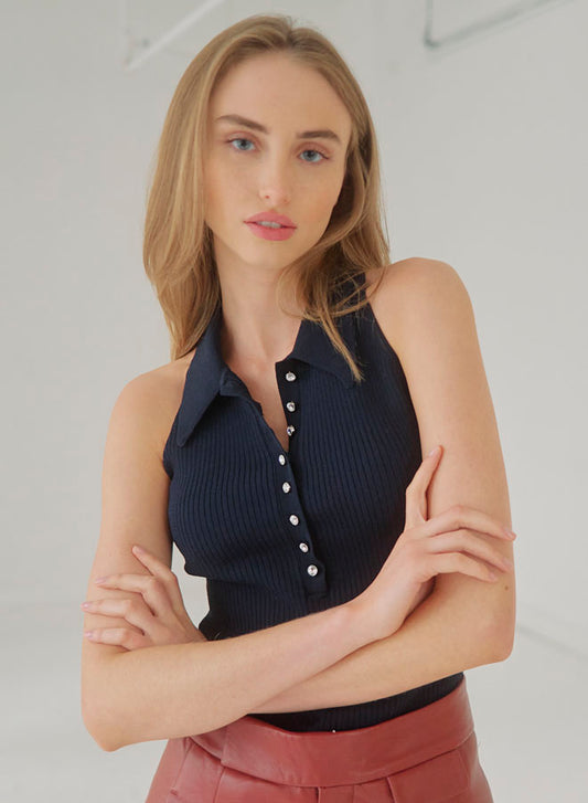 Autumn Cashmere Ribbed Polo Halter w/ Rhinestone Buttons