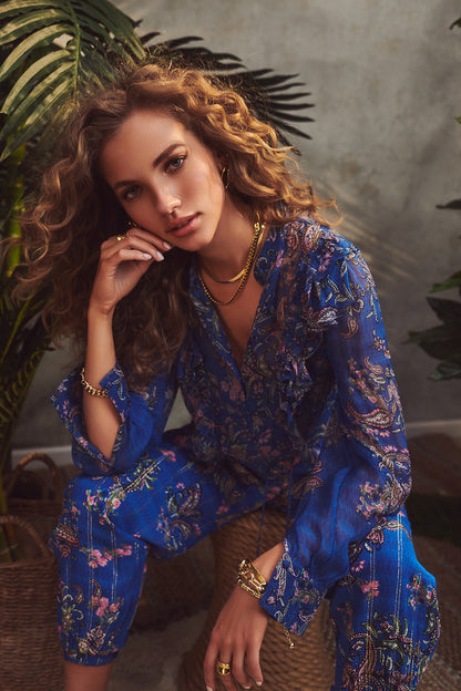 Hemant & Nandita Cobalt Blue Viscose Chiffon Shirt
