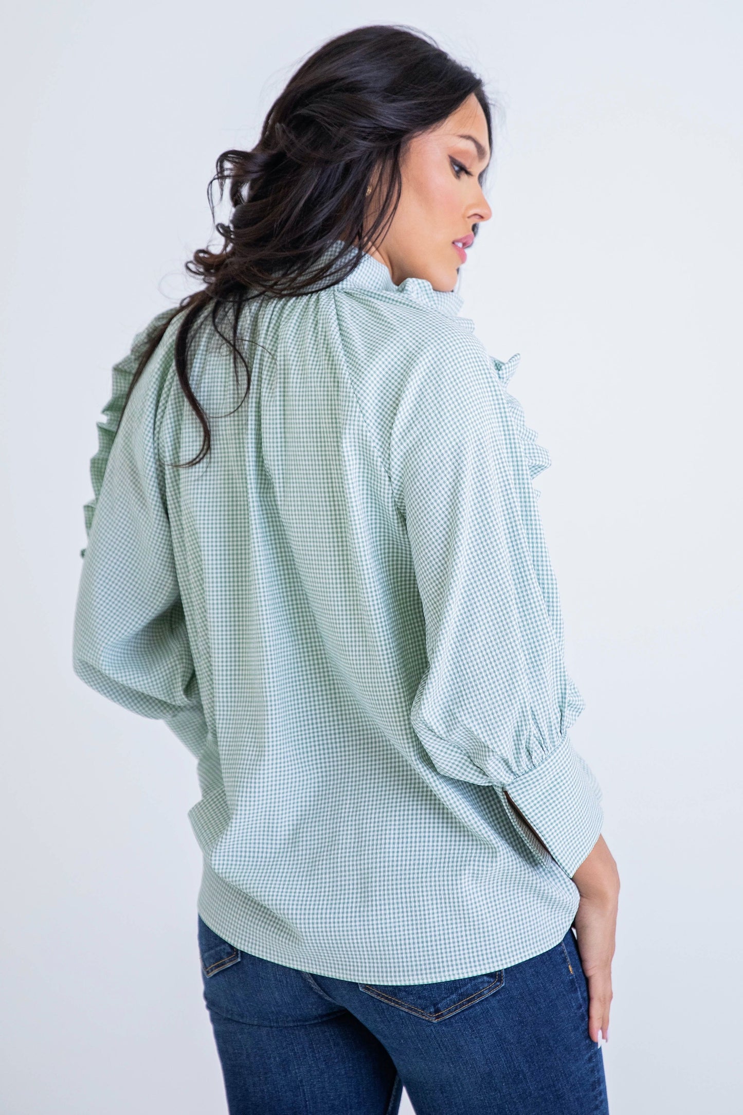 Check Ruffled Sleeve Top
