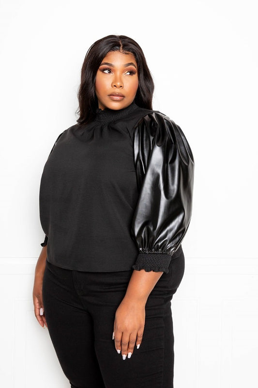 SMOCKED LEATHER SLEEVE TOP