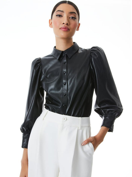 ALICE + OLIVIA NADINE VEGAN LEATHER BUTTON DOWN