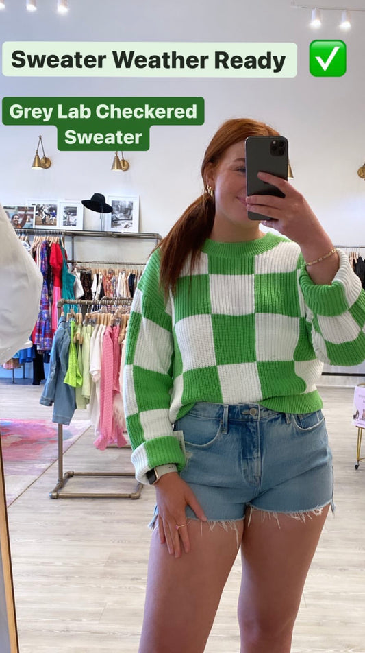 CHECKERBOARD KNIT CARDIGAN - GREEN/WHITE