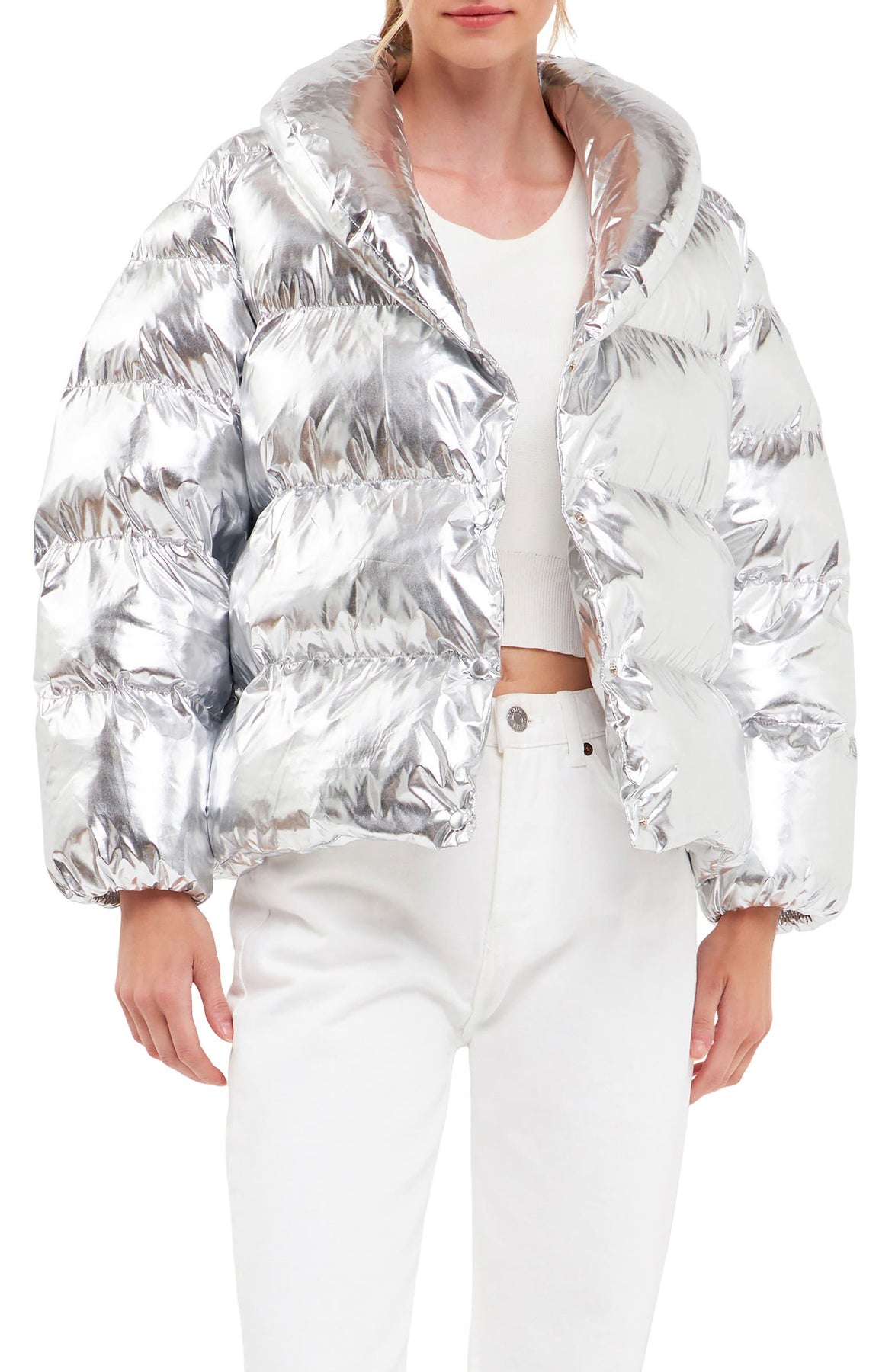 In The Mix Denim Shiny Puffer in Silver